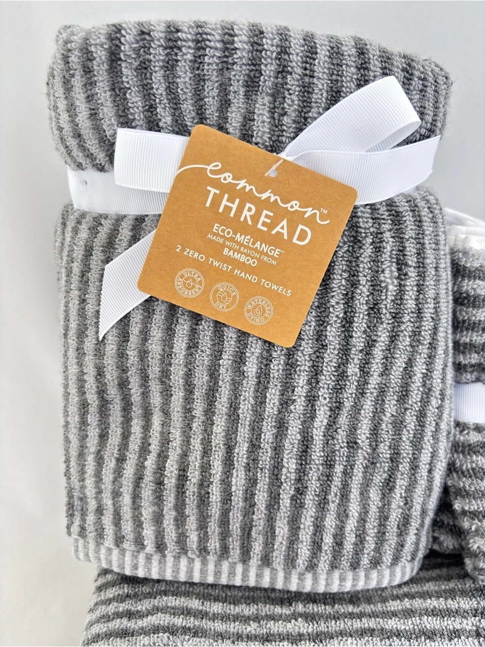 NWT 8Pc Common Thread Bamboo Eco-Melange Charcoal Grey Striped Bath Towels Set
